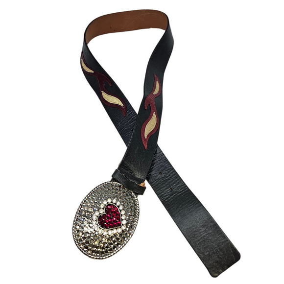 Vintage Y2K S/M Rhinestone Heart Western Flame Belt Leather Cowgirl Boho Glam